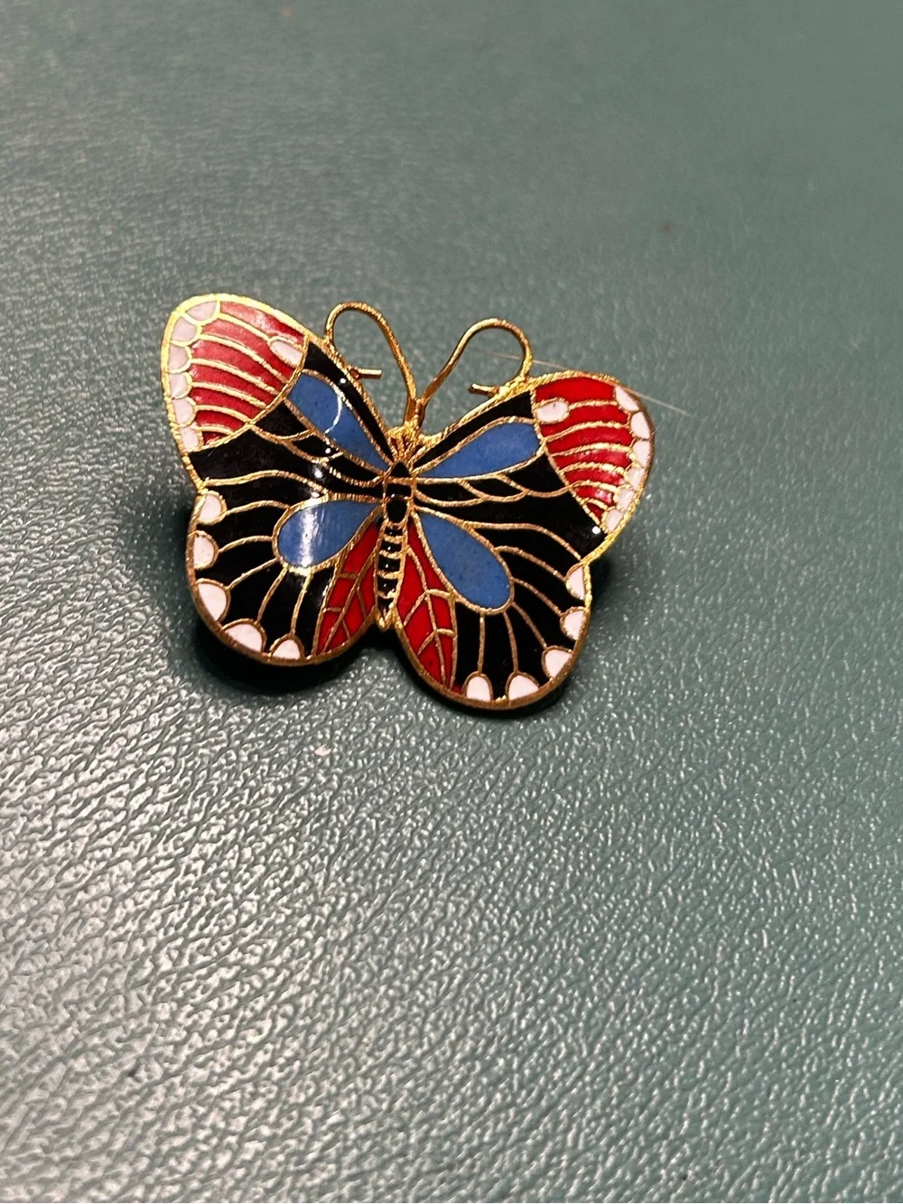Gold Butterfly Enamel Pin - Red & Blue Accent